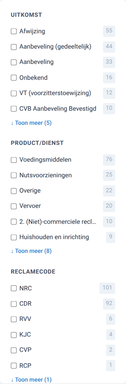 Filterkolom met Uitkomst, Product/Dienst, Reclamecode, Artikelen en Periode