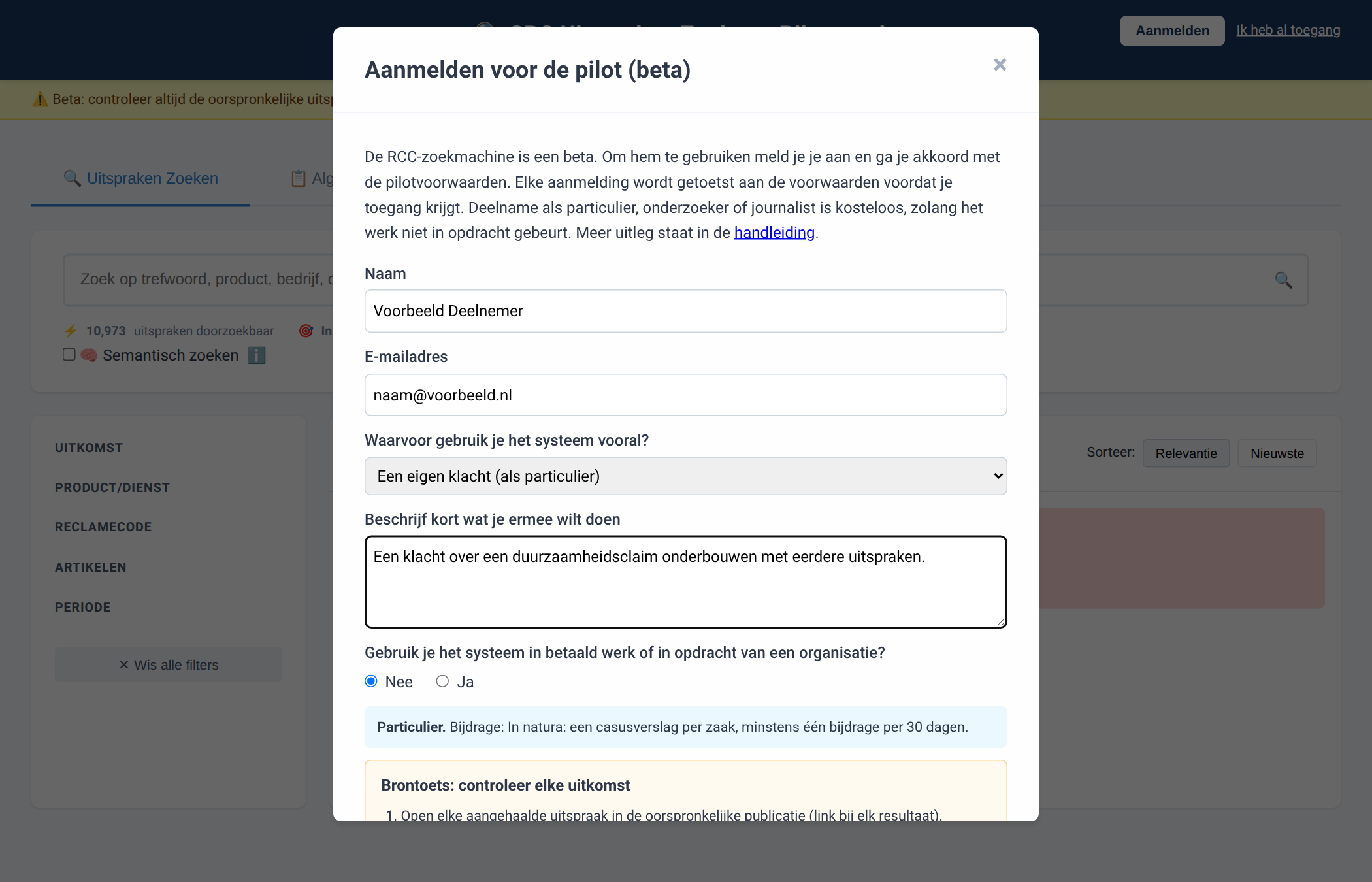 Aanmeldvenster met velden voor naam, e-mail, gebruik en organisatie